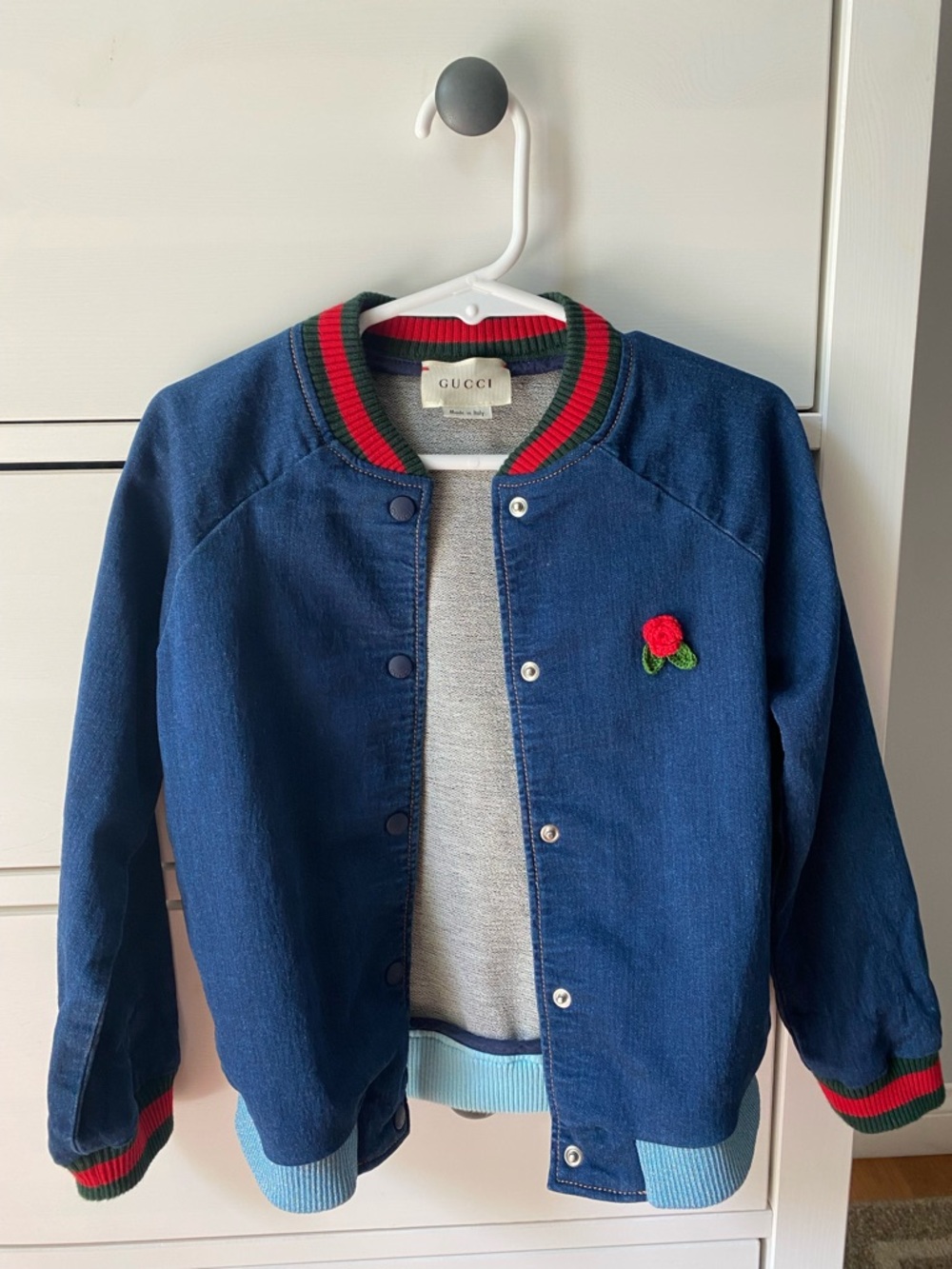 Gucci Denim Kids Bomber Jacket with Red Rose Patch and Iconic Red/Green Trim